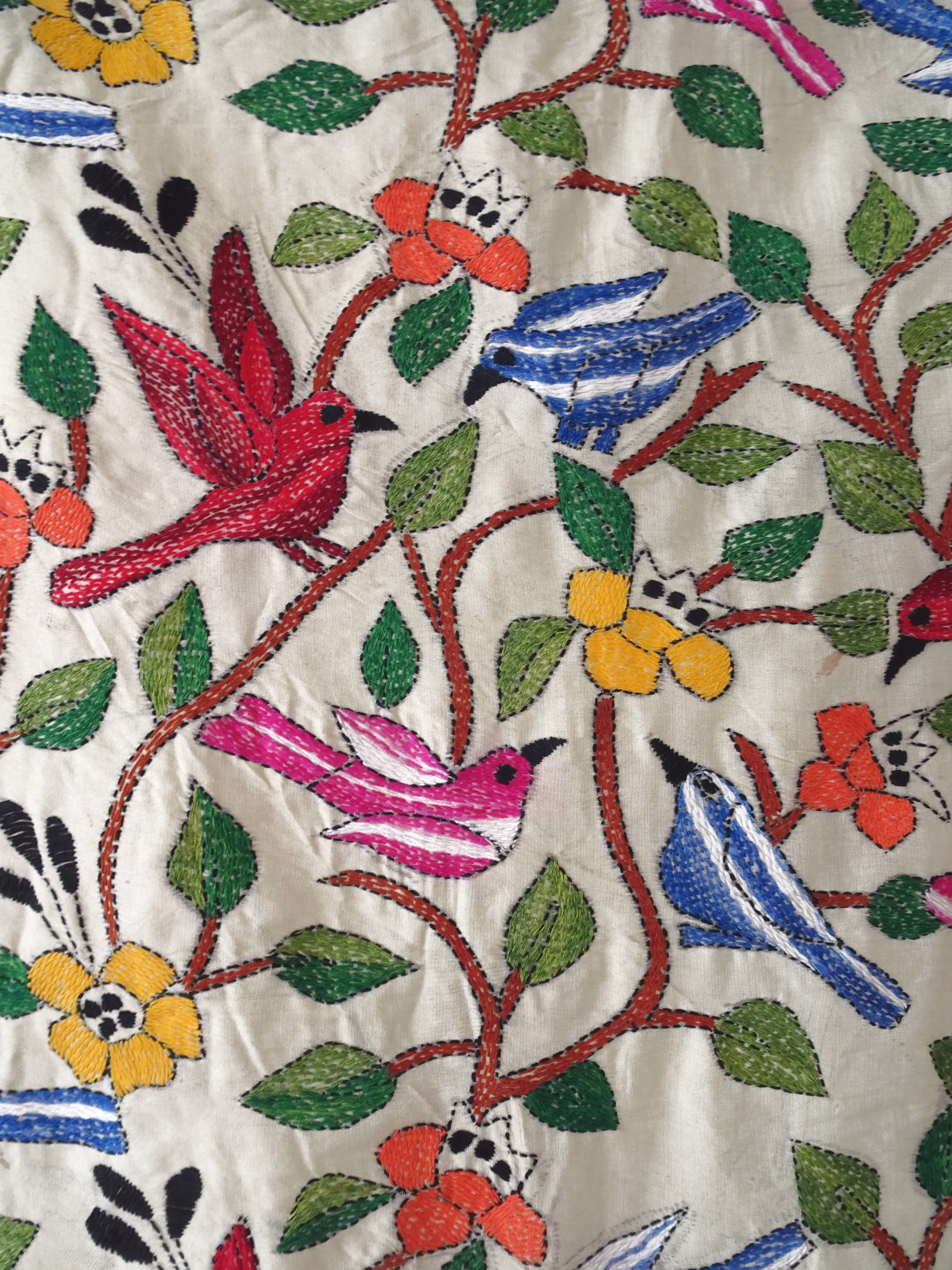 Wandteppich Kantha Seide Handstickerei "Tropische Vögel" – Bild 3
